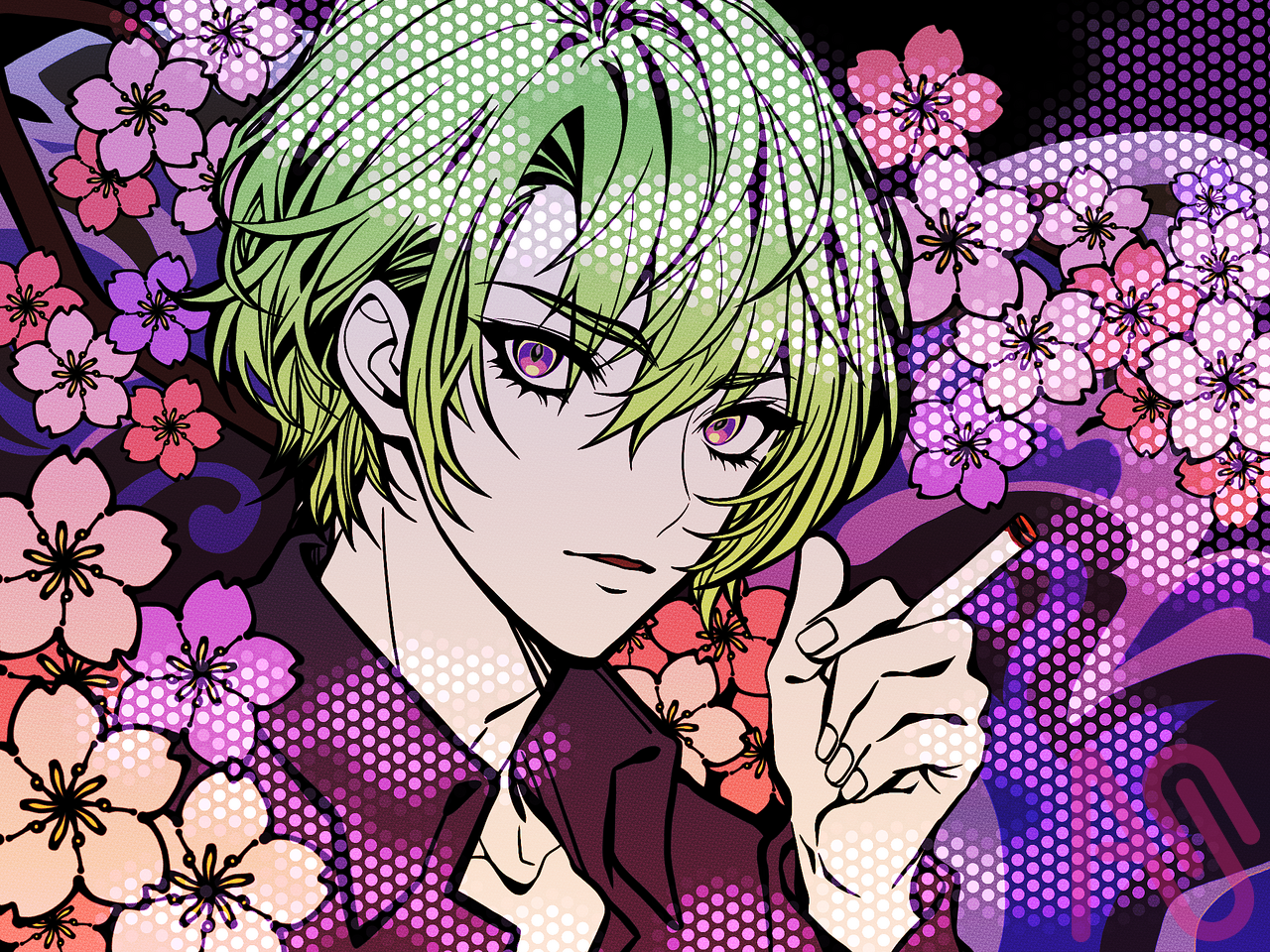 YOZAKURA Illust of nami 一次創作 青年 sakura illustration pink original tobacco greenhair バケツ塗り