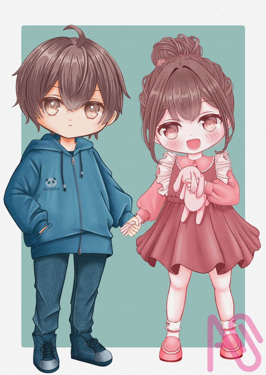 双子のちびキャラ Illust of たまこ twin_ponytails girl boy ちびキャラ おだんごヘア