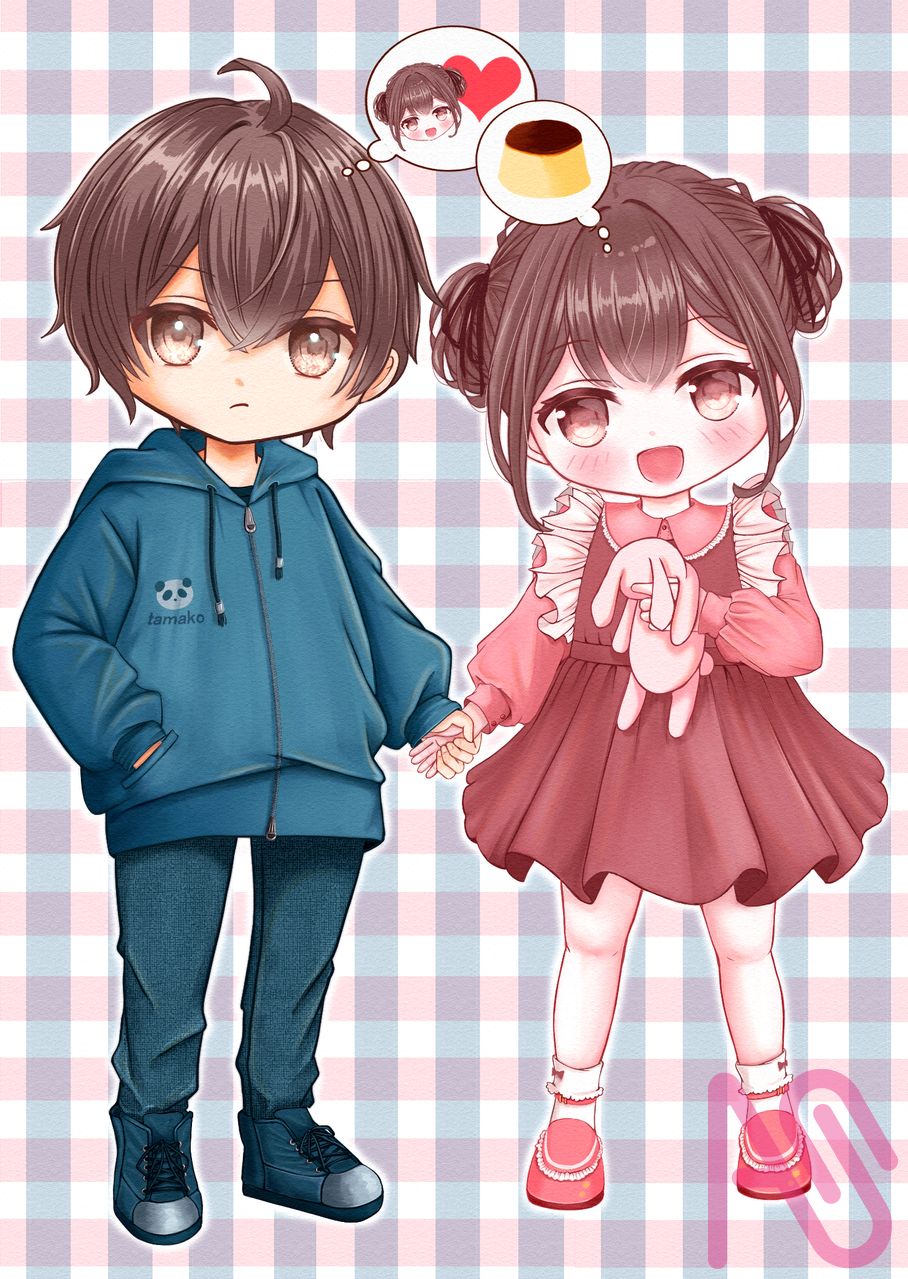 双子のちびキャラ Illust of たまこ twin_ponytails girl boy ちびキャラ おだんごヘア