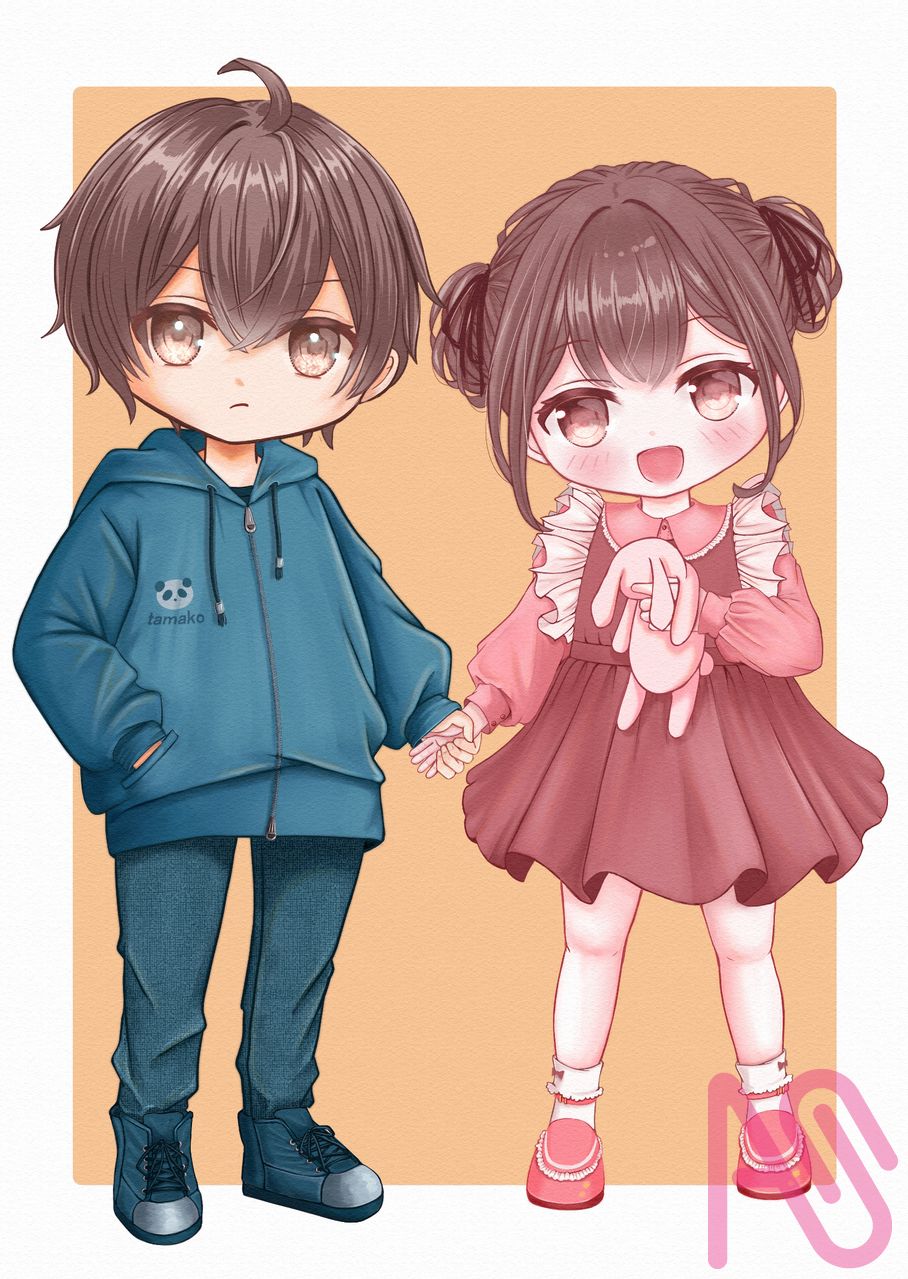 双子のちびキャラ Illust of たまこ twin_ponytails girl boy ちびキャラ おだんごヘア