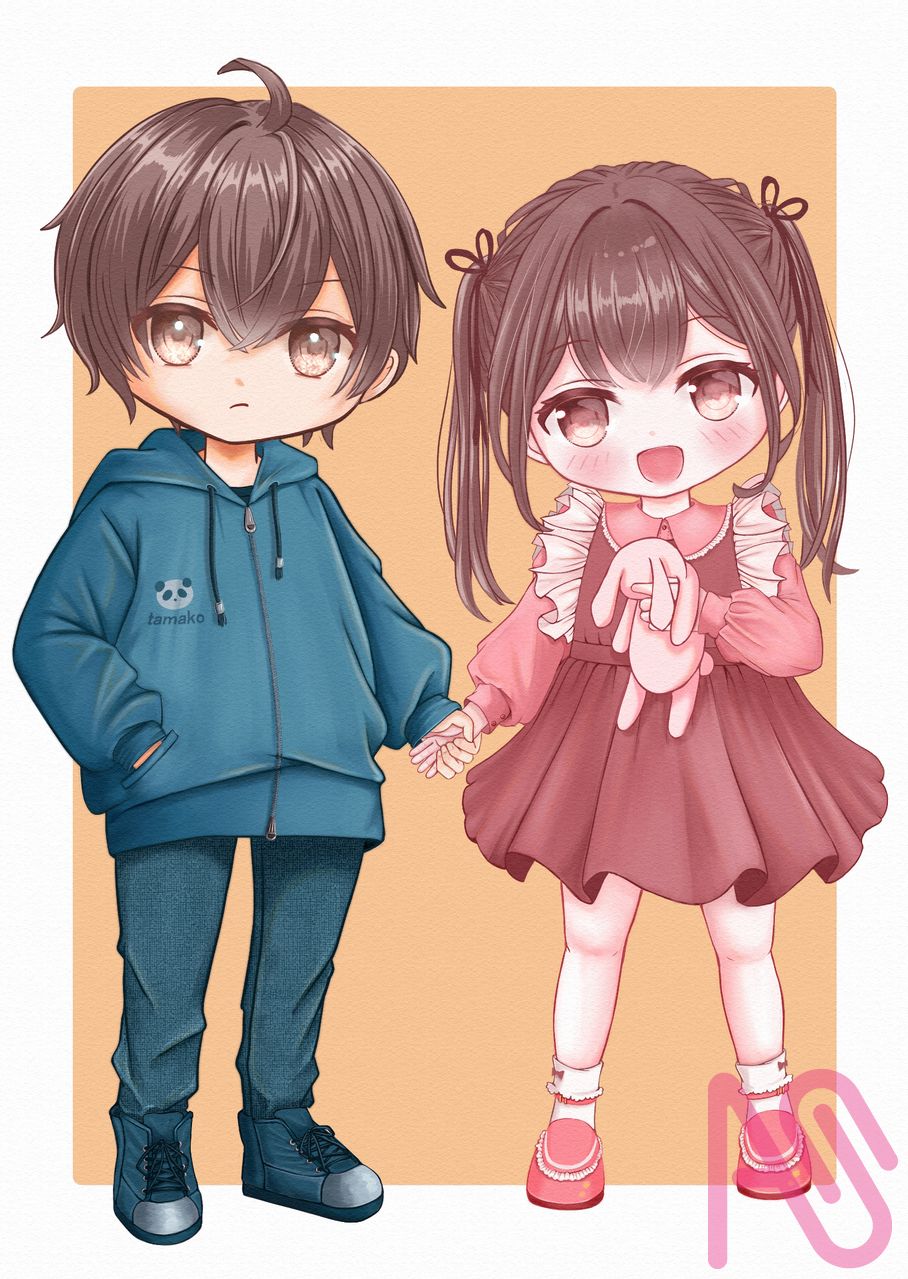 双子のちびキャラ Illust of たまこ twin_ponytails girl boy ちびキャラ おだんごヘア