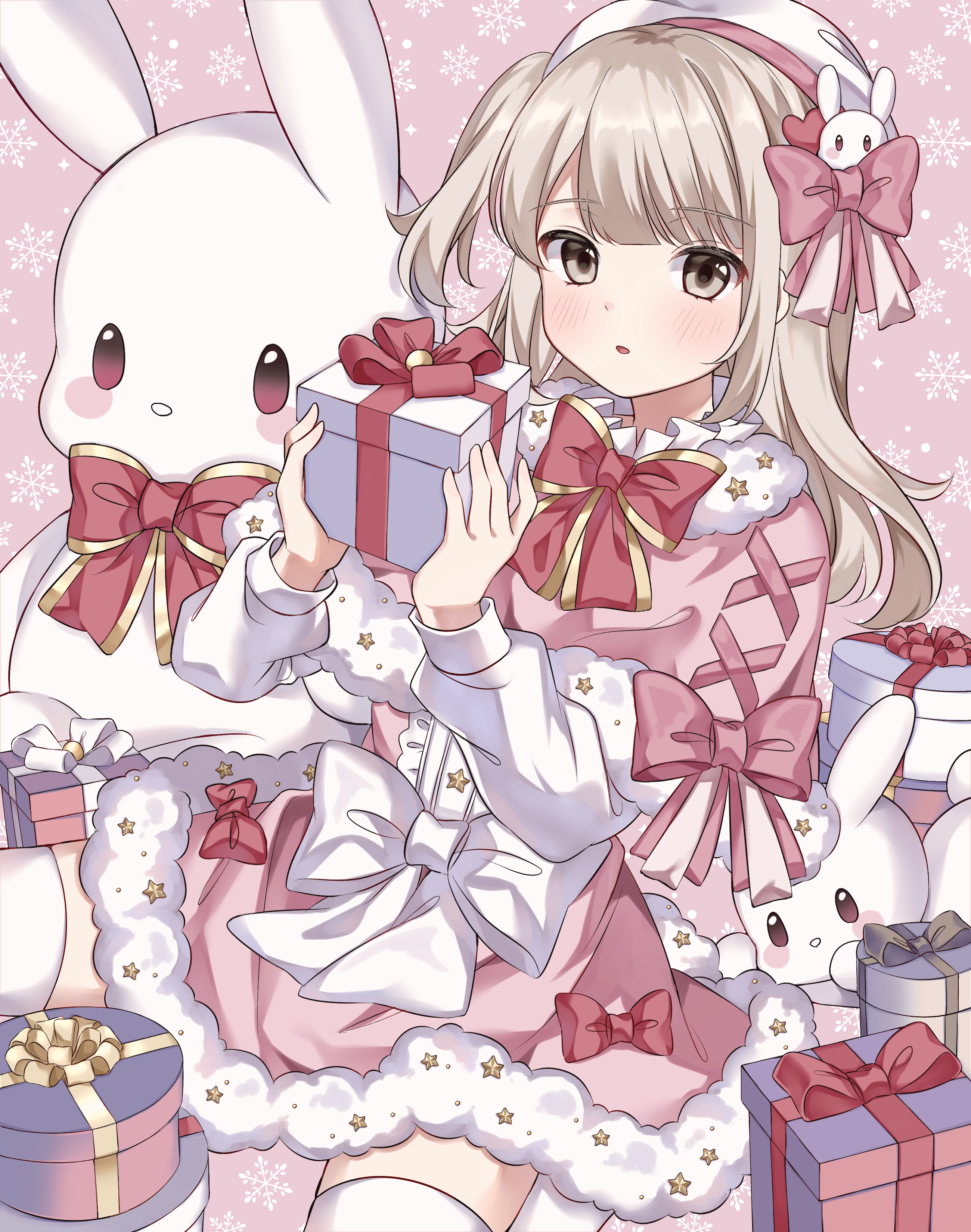 ウサギと女の子のかわいいイラスト うさ耳女の子とうさぎ Rabbit ear girl and white rabbit