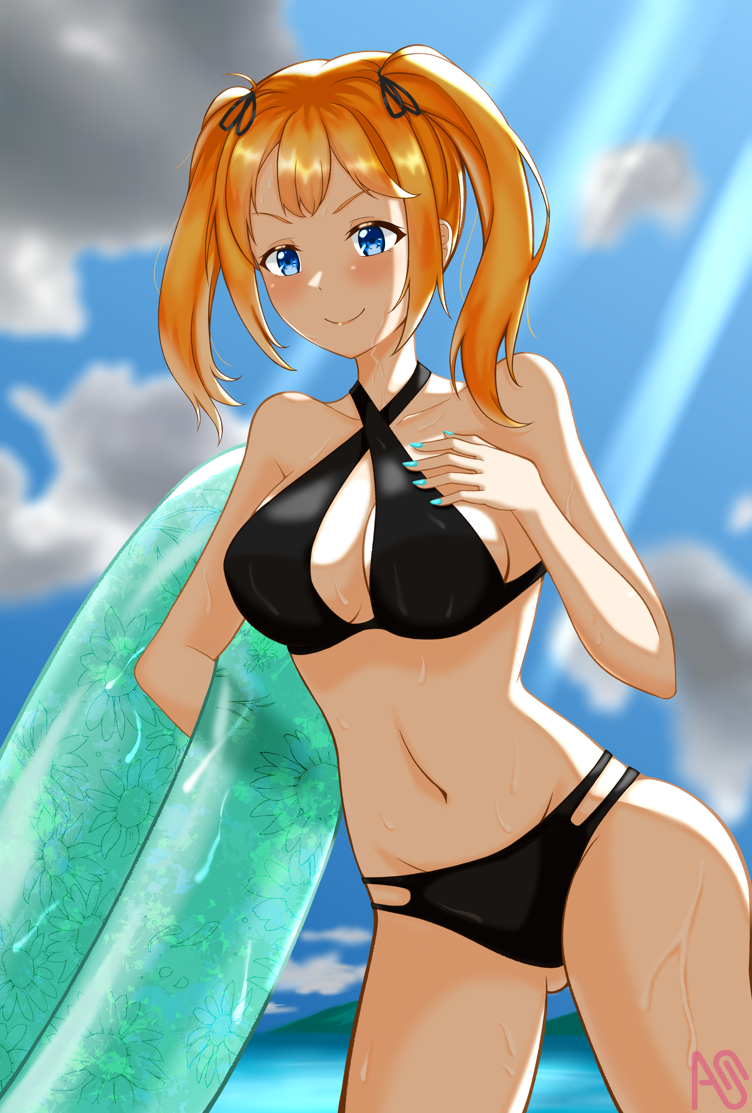 アニメ風手描き水着イラスト あるぞ！！！！！ 莉央の木刀とか、麗のスマホケースとか、ロコの