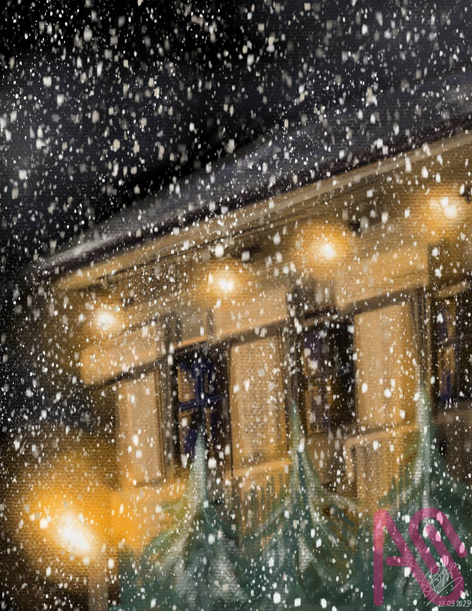 ^slowly^^ Illust of Blueberry watercolor sky drawing art cute digital night snow Dream streetart
