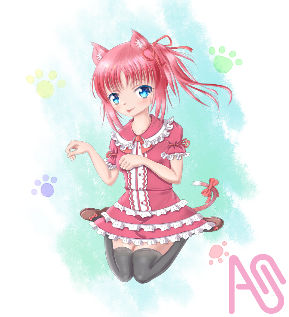 リア Illust of 路邊的野猫 girl うちの子 cat_ears pink cute kawaii ponytail loli 過去絵 絵柄が好みって人にフォローされたい