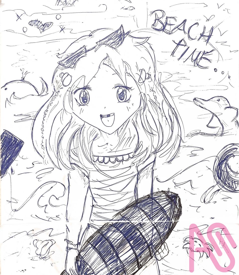 Summer Surfing Illust of Mangaka HUIONIllustrationContest2025 girl blue summer female art anime oc background animegirl scenery