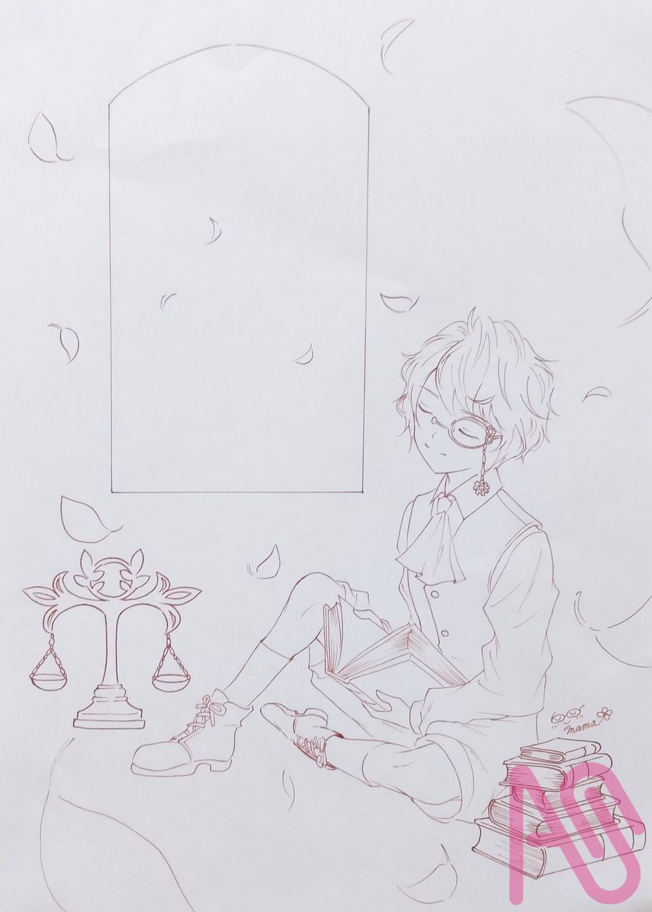 When my mind is in order…  ～薫風に包まれて…～ Illust of メガネmama Copic illustration original boy background 天秤座 創作物語 読書 analog 星座擬人化