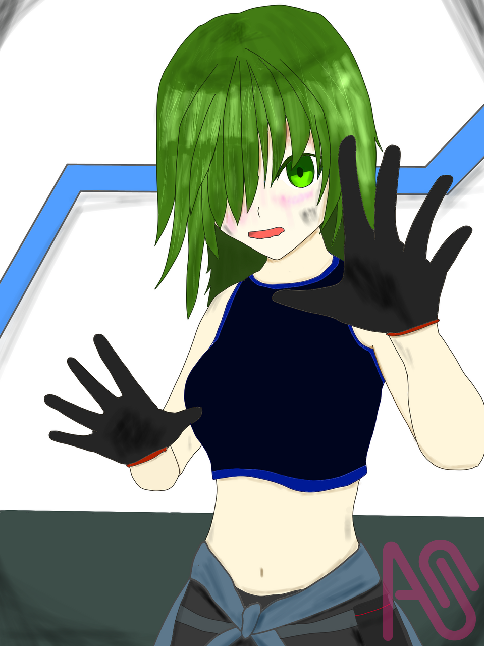 「あ、あわわわ……」(タップ推奨) Illust of ぱるぷ girl oc greenhair 作業着 恥ずかしい ぐるぐる目