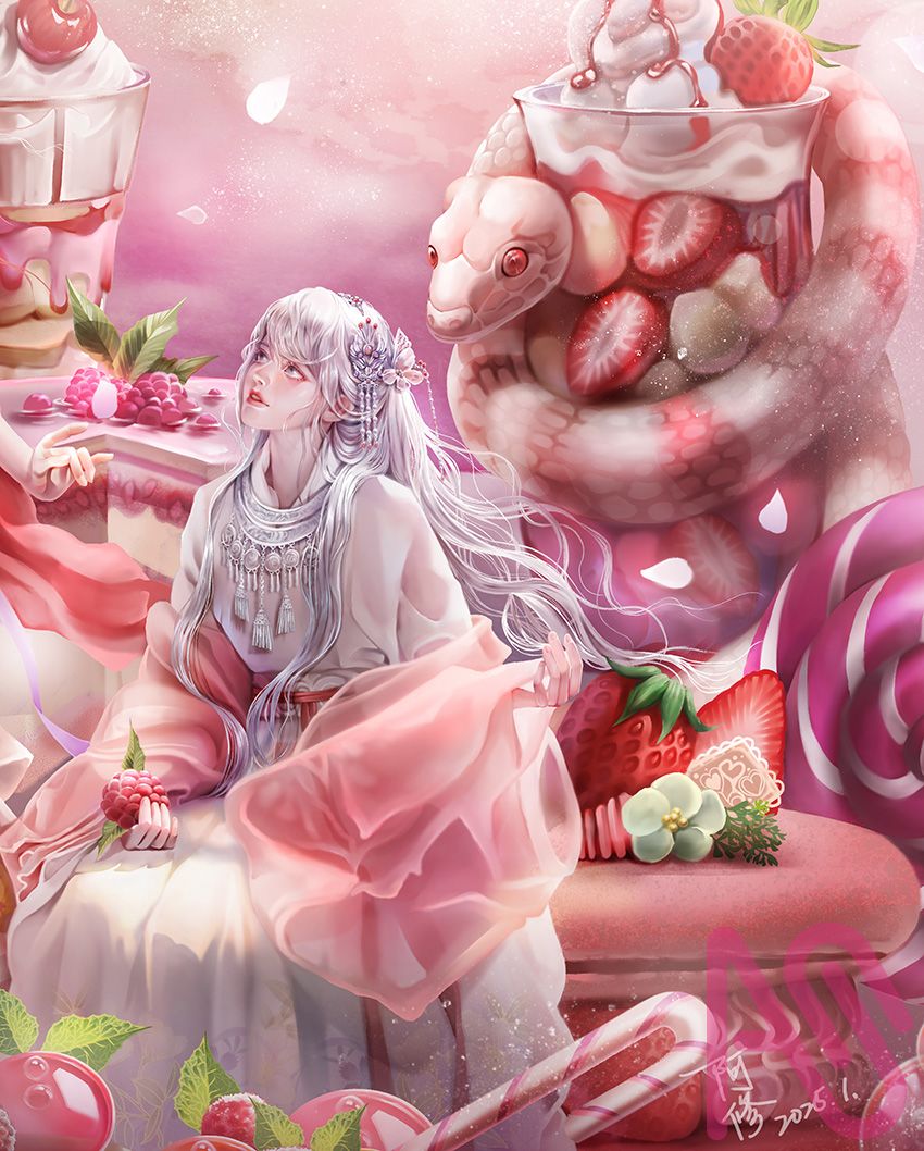 甜蜜蛇年 Illust of dreamingfire girl flower 奇幻 snake 古裝 粉紅 蛇年