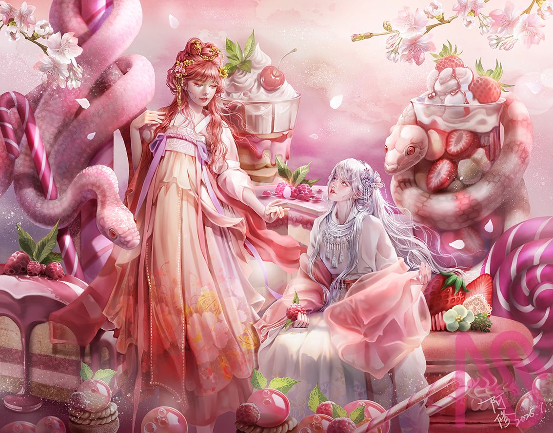 甜蜜蛇年 Illust of dreamingfire girl flower 奇幻 snake 古裝 粉紅 蛇年