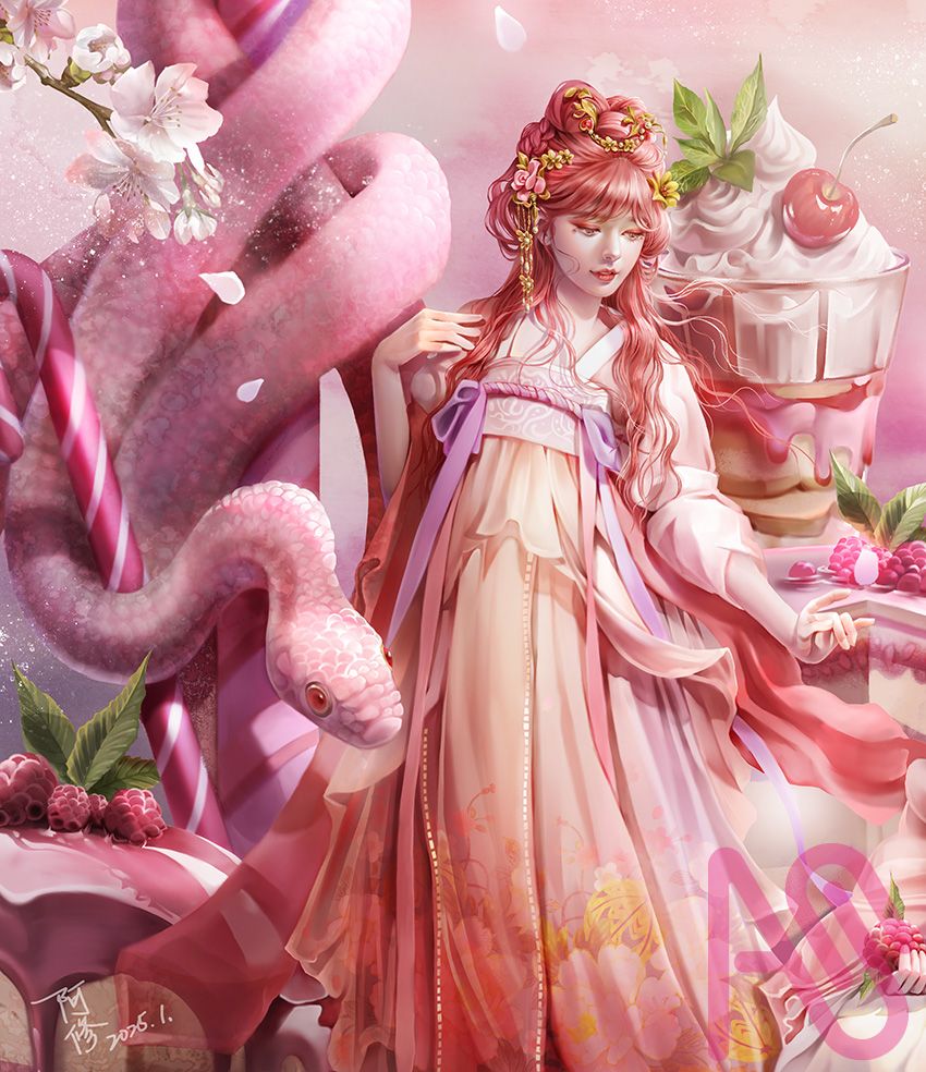 甜蜜蛇年 Illust of dreamingfire girl flower 奇幻 snake 古裝 粉紅 蛇年