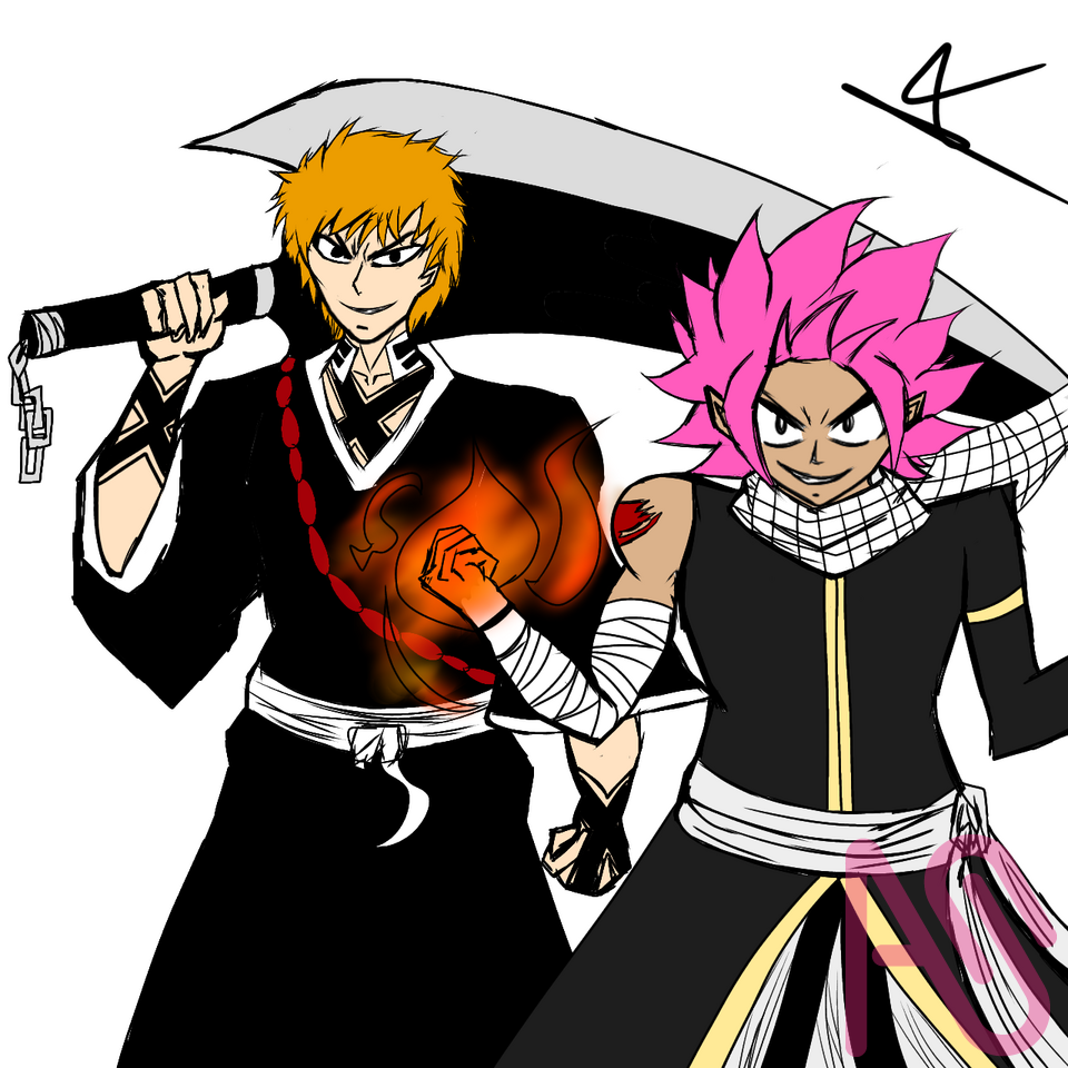 Natsu Dragneel & Ichigo Kurosaki #FAIRYTAIL20th Illust of AngelicaFX75 pink orange BLEACH medibang color shonen FAIRYTAIL