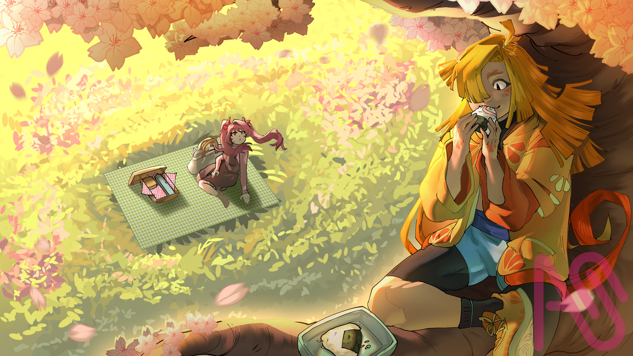 Some snack during sunset Illust of Lysmata CherryBlossomIllustrationCampaign oc colorful cherryblossom sunset ONIGIRI grass picnic